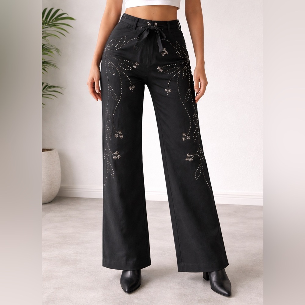 Black Wide Leg Studded Floral Pants